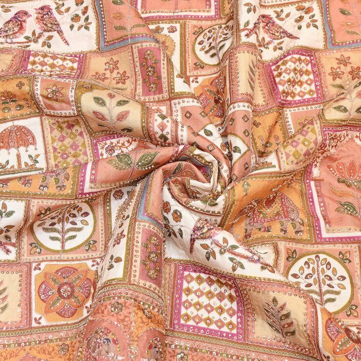 Elegant Dola Floral Position Print Fabric with Moti & Sequins Embroidery - V2725C-03