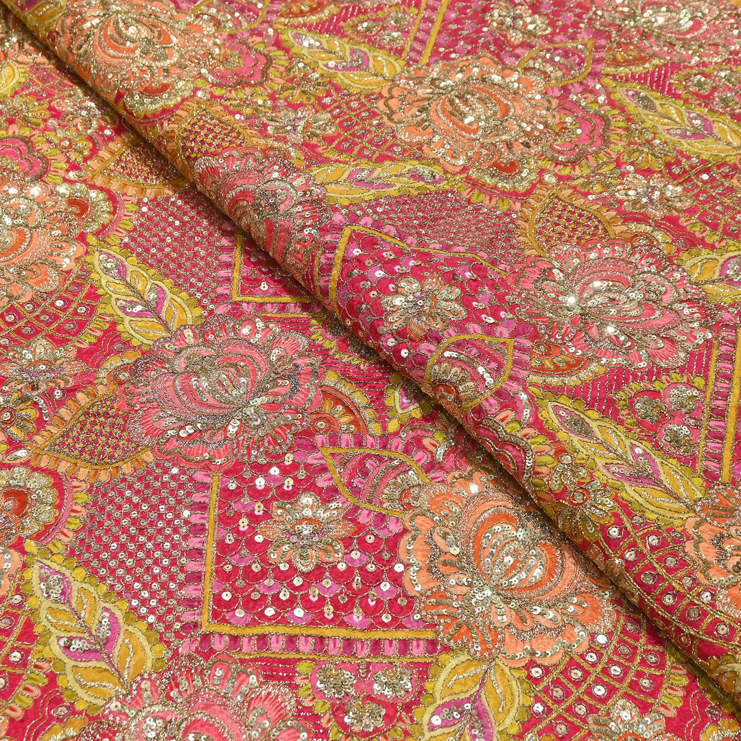 Premium Crape Position Print Zari & Sequins Embroidery Fabric | HI6826-3