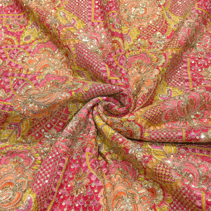 Premium Crape Position Print Zari & Sequins Embroidery Fabric | HI6826-3