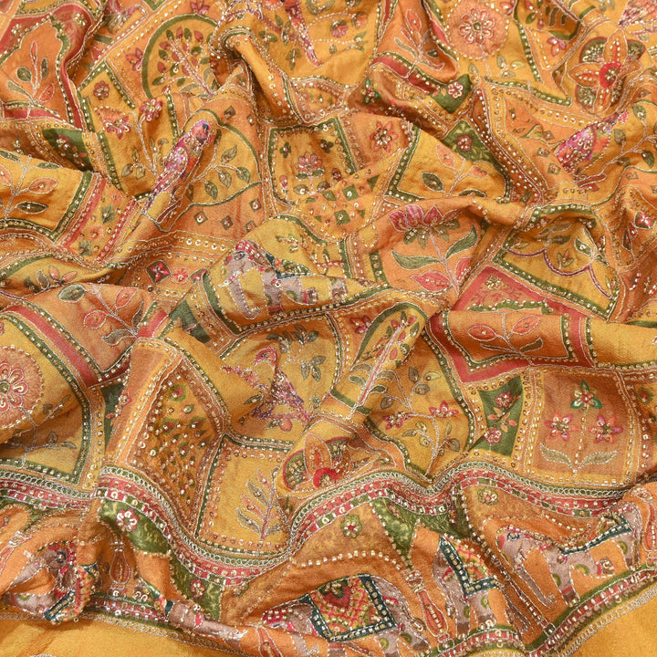 Elegant Dola Floral Position Print Fabric with Moti & Sequins Embroidery - V2725C-04