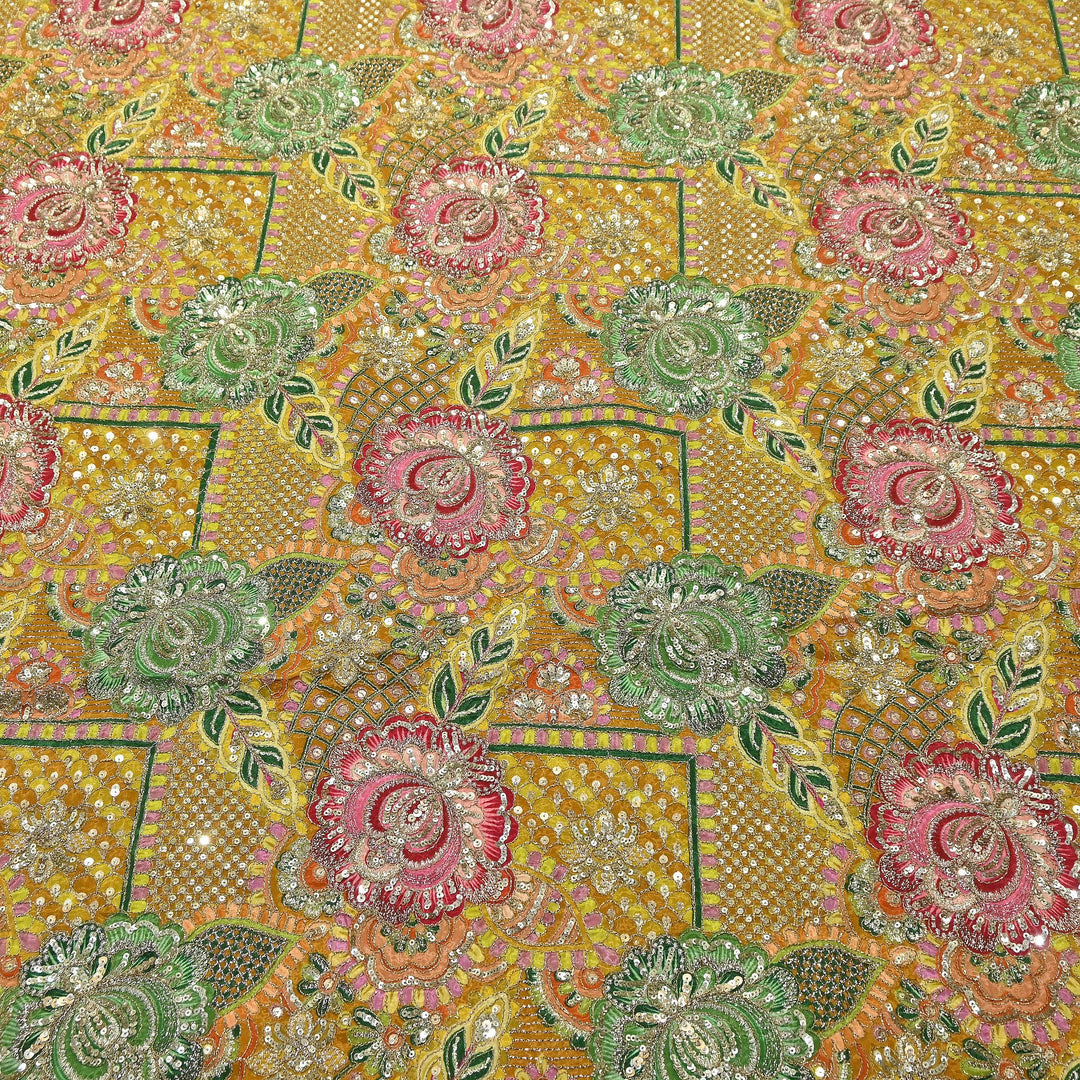 Premium Crape Position Print Zari & Sequins Embroidery Fabric | HI6826-2