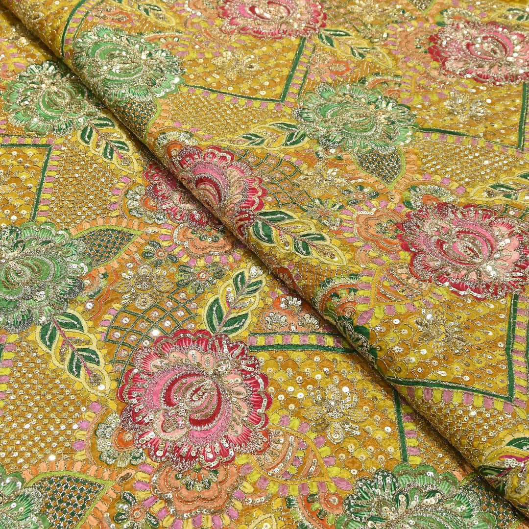Premium Crape Position Print Zari & Sequins Embroidery Fabric | HI6826-2