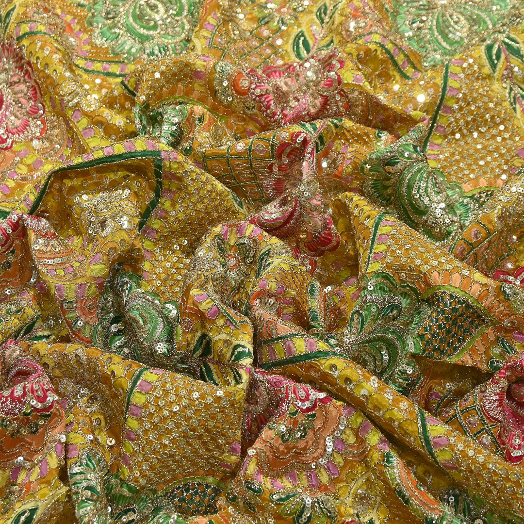 Premium Crape Position Print Zari & Sequins Embroidery Fabric | HI6826-2