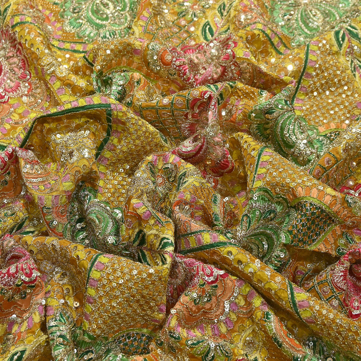 Premium Crape Position Print Zari & Sequins Embroidery Fabric | HI6826-2