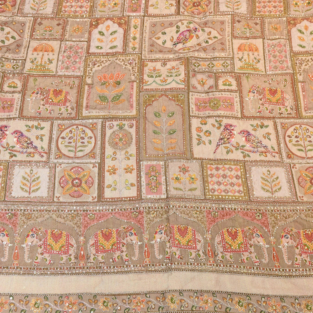 Elegant Dola Floral Position Print Fabric with Moti & Sequins Embroidery - V2725C-05