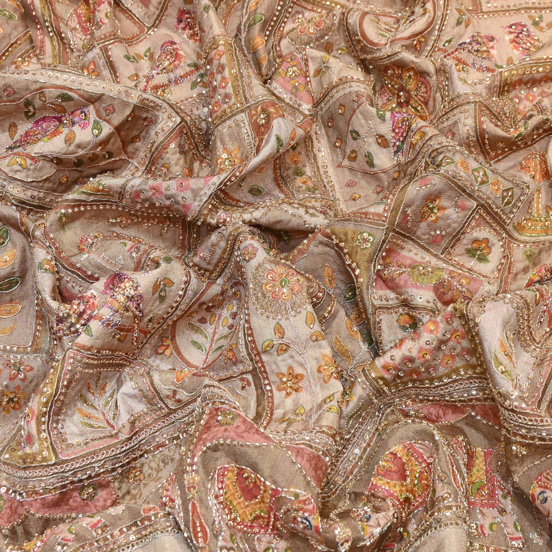 Elegant Dola Floral Position Print Fabric with Moti & Sequins Embroidery - V2725C-05