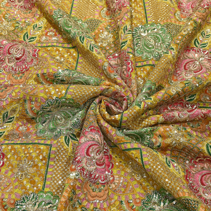 Premium Crape Position Print Zari & Sequins Embroidery Fabric | HI6826-2