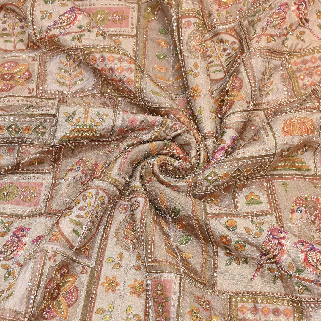 Elegant Dola Floral Position Print Fabric with Moti & Sequins Embroidery - V2725C-05