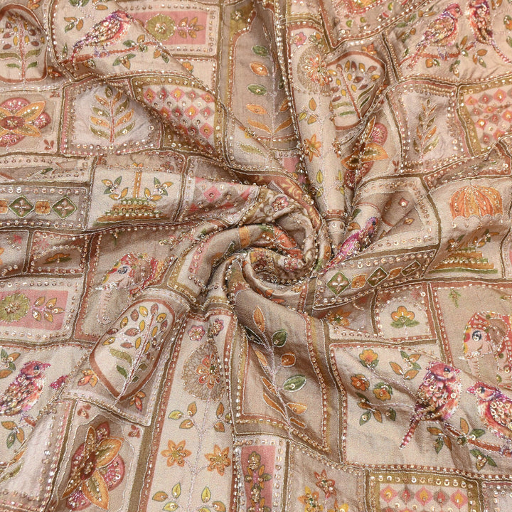 Elegant Dola Floral Position Print Fabric with Moti & Sequins Embroidery - V2725C-05