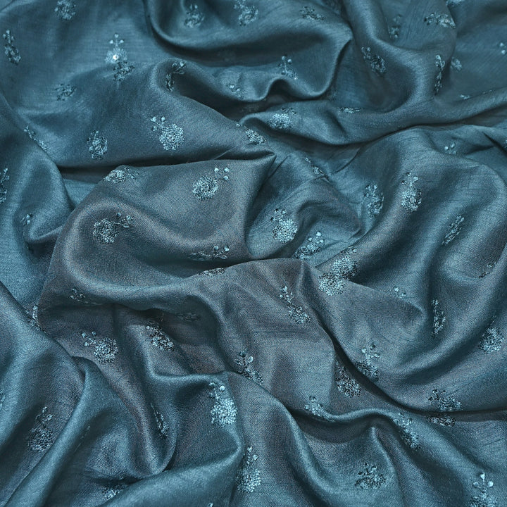 teal Blue Color Bamberg Raw Silk Thread Embroidery Fabric- GP3819-1