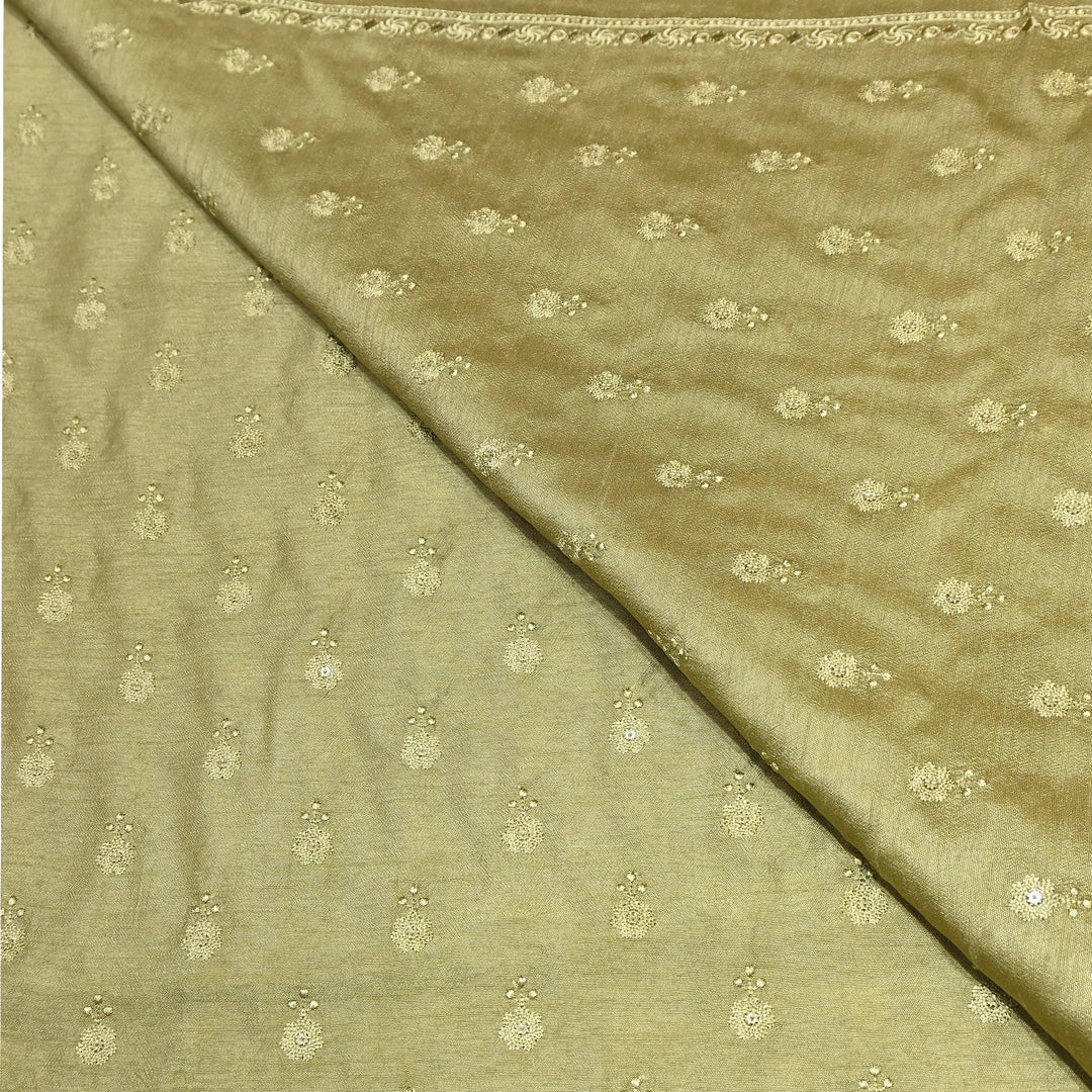 Olive Green Color Bamberg Raw Silk Thread Embroidery Fabric- GP3819-6