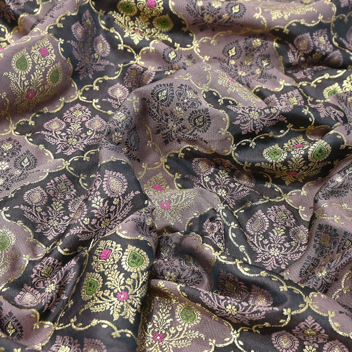 Premium Mashru Silk Mina Zari Jaal Brocade Fabric | Traditional Banarasi Meena Zari Weaving | MAS375-5