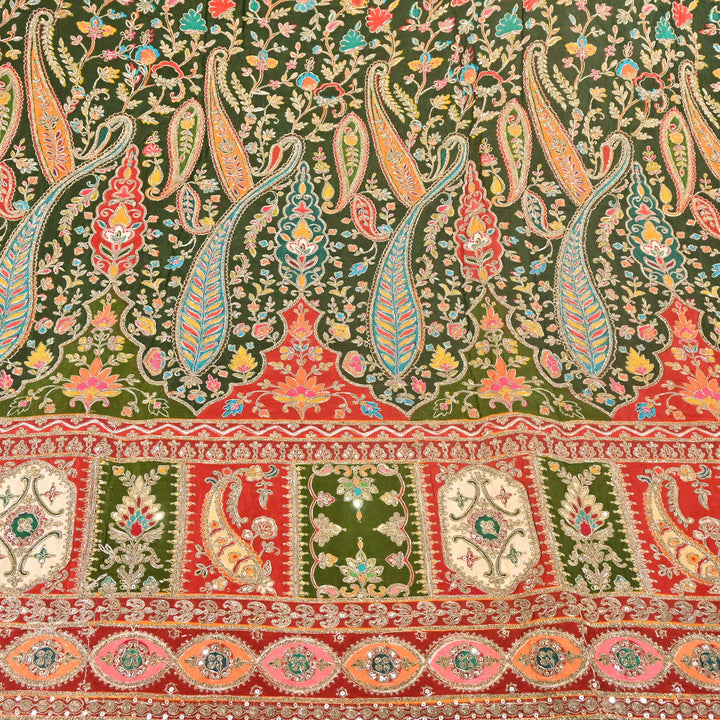 Multi Color Crape Position Print Fabric with Zari Sequins Embroidery- 007166B-02