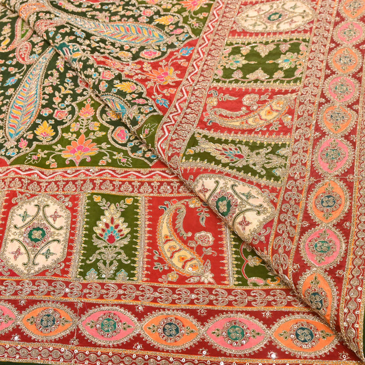 Multi Color Crape Position Print Fabric with Zari Sequins Embroidery- 007166B-02