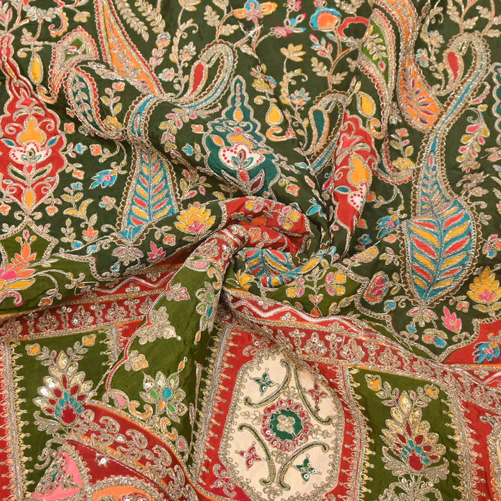 Multi Color Crape Position Print Fabric with Zari Sequins Embroidery- 007166B-02