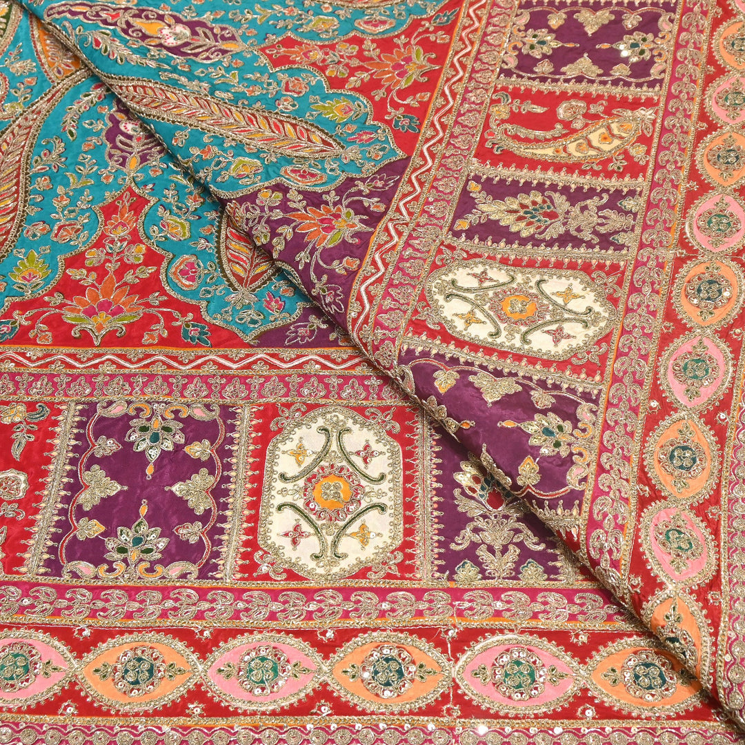 Multi Color Crape Position Print Fabric with Zari Sequins Embroidery- 007166B-03