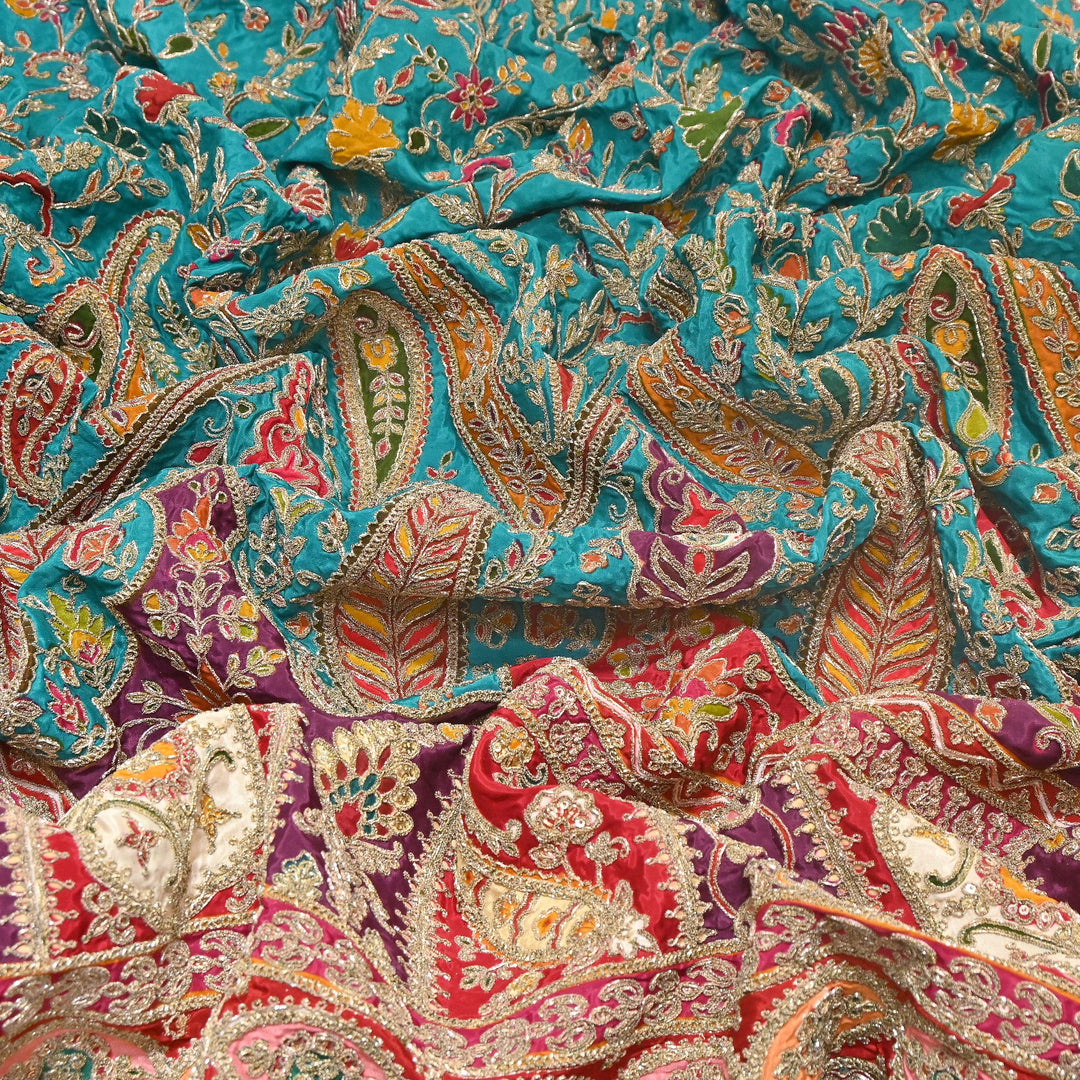 Multi Color Crape Position Print Fabric with Zari Sequins Embroidery- 007166B-03