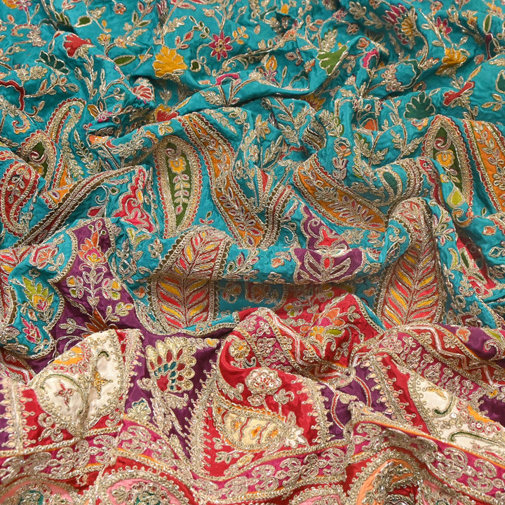 Multi Color Crape Position Print Fabric with Zari Sequins Embroidery- 007166B-03
