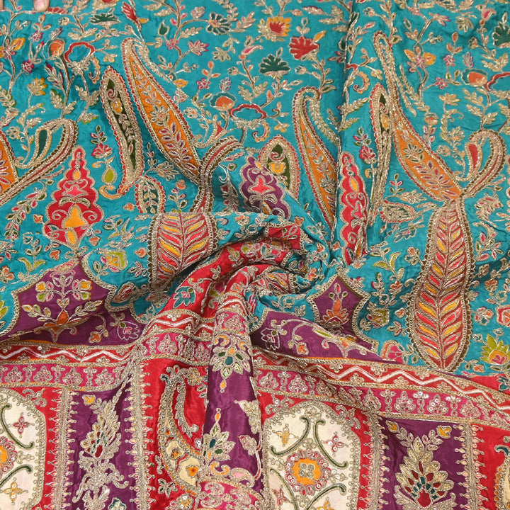 Multi Color Crape Position Print Fabric with Zari Sequins Embroidery- 007166B-03