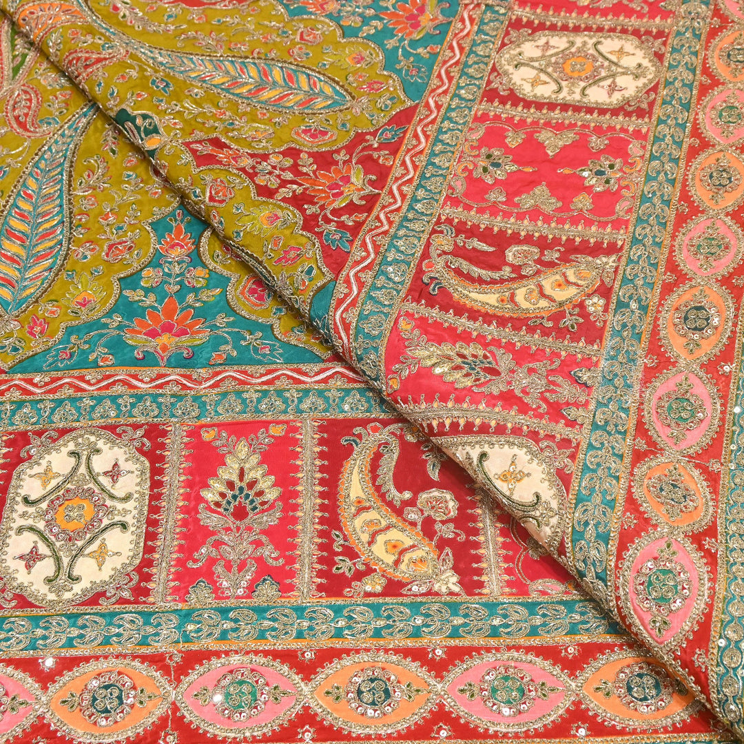 Multi Color Crape Position Print Fabric with Zari Sequins Embroidery- 007166B-04