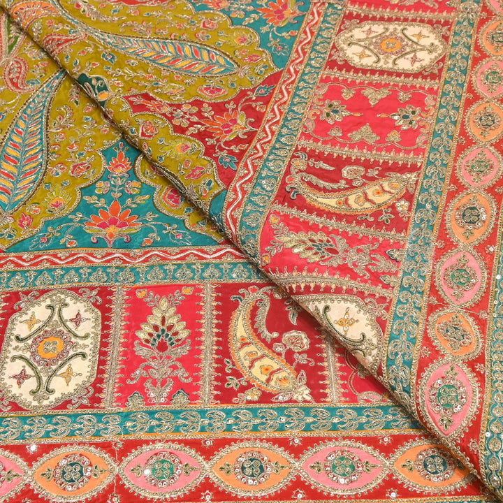 Multi Color Crape Position Print Fabric with Zari Sequins Embroidery- 007166B-04