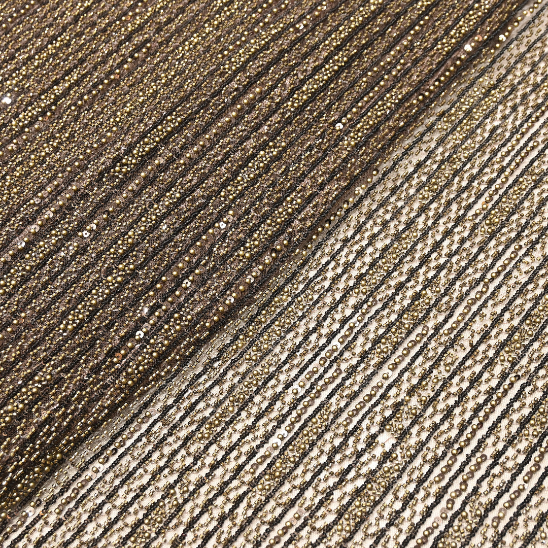 Antique Bronze Color Imported Imported Heavy Beaded Embroidery Net Fabric- MBL668-1