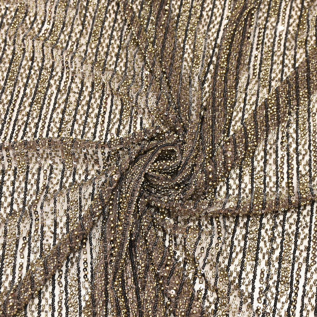 Antique Bronze Color Imported Imported Heavy Beaded Embroidery Net Fabric- MBL668-1