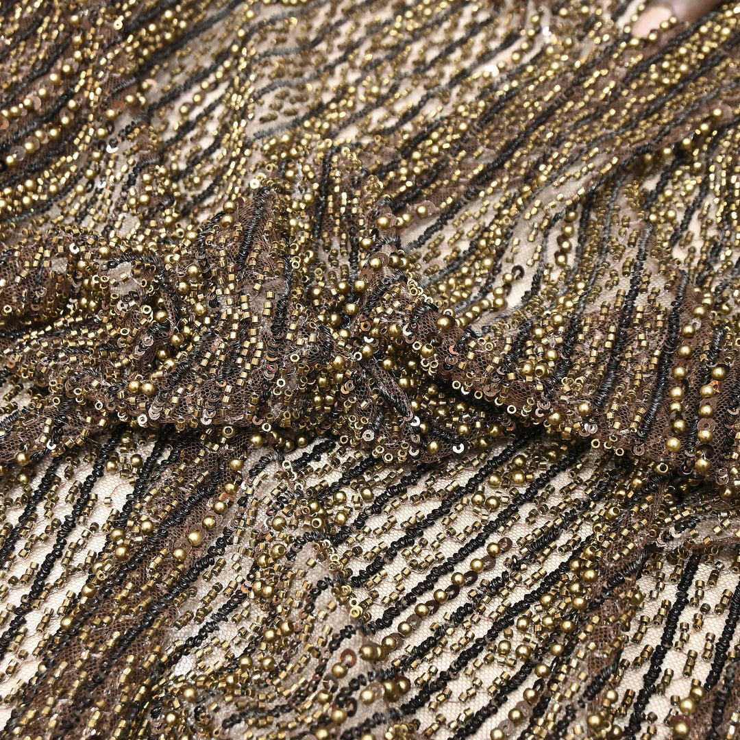 Antique Bronze Color Imported Imported Heavy Beaded Embroidery Net Fabric- MBL668-1