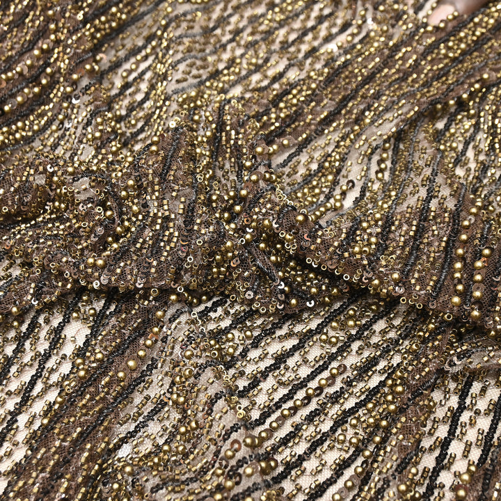 Antique Bronze Color Imported Imported Heavy Beaded Embroidery Net Fabric- MBL668-1