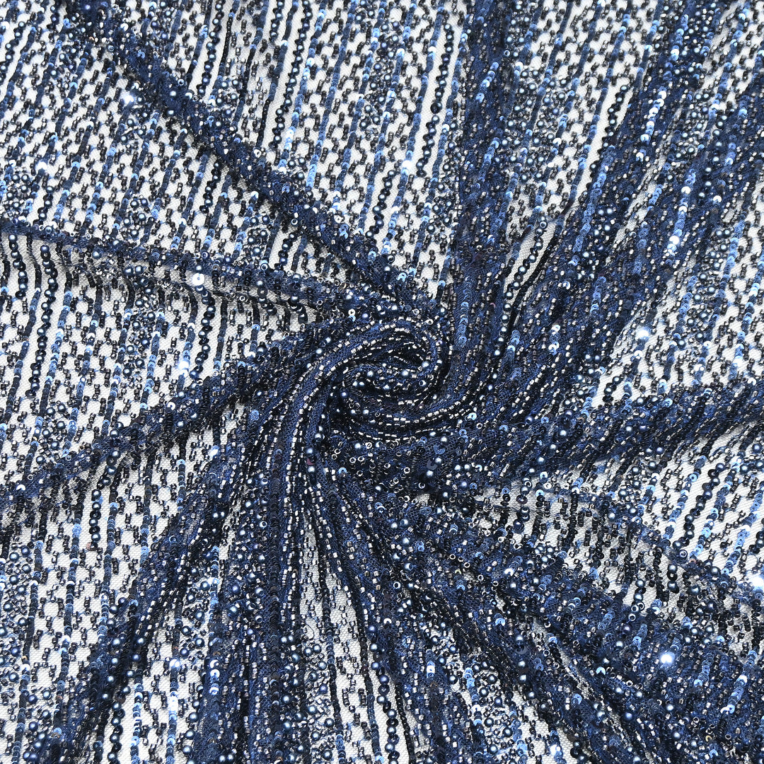 Navy Blue Color Imported Imported Heavy Beaded Embroidery Net Fabric- MBL668-2