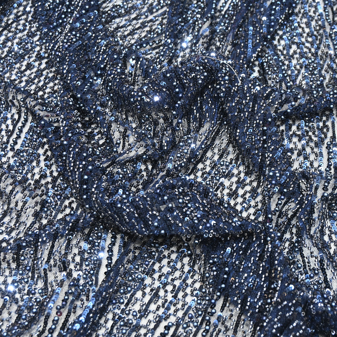 Navy Blue Color Imported Imported Heavy Beaded Embroidery Net Fabric- MBL668-2