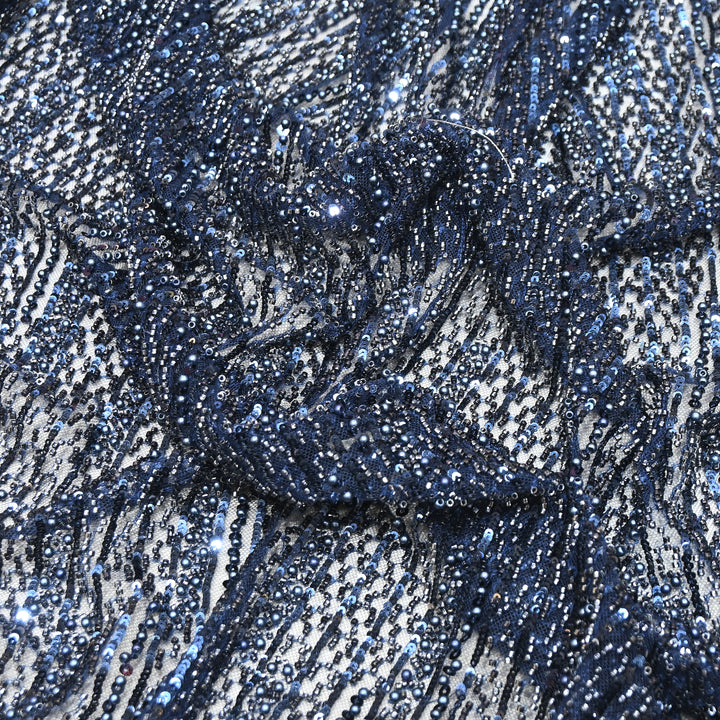 Navy Blue Color Imported Imported Heavy Beaded Embroidery Net Fabric- MBL668-2