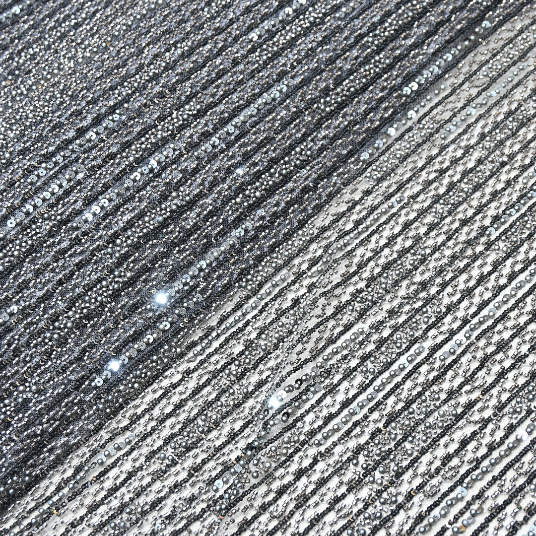 Gunmetal Grey Color Imported Imported Heavy Beaded Embroidery Net Fabric- MBL668-3