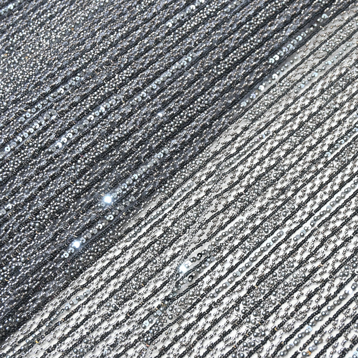 Gunmetal Grey Color Imported Imported Heavy Beaded Embroidery Net Fabric- MBL668-3