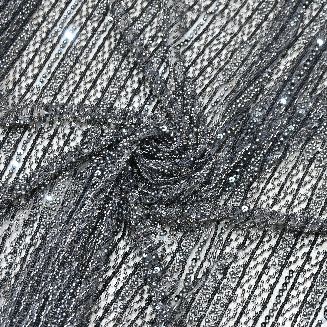 Gunmetal Grey Color Imported Imported Heavy Beaded Embroidery Net Fabric- MBL668-3