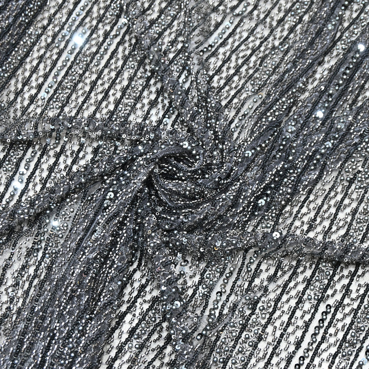 Gunmetal Grey Color Imported Imported Heavy Beaded Embroidery Net Fabric- MBL668-3