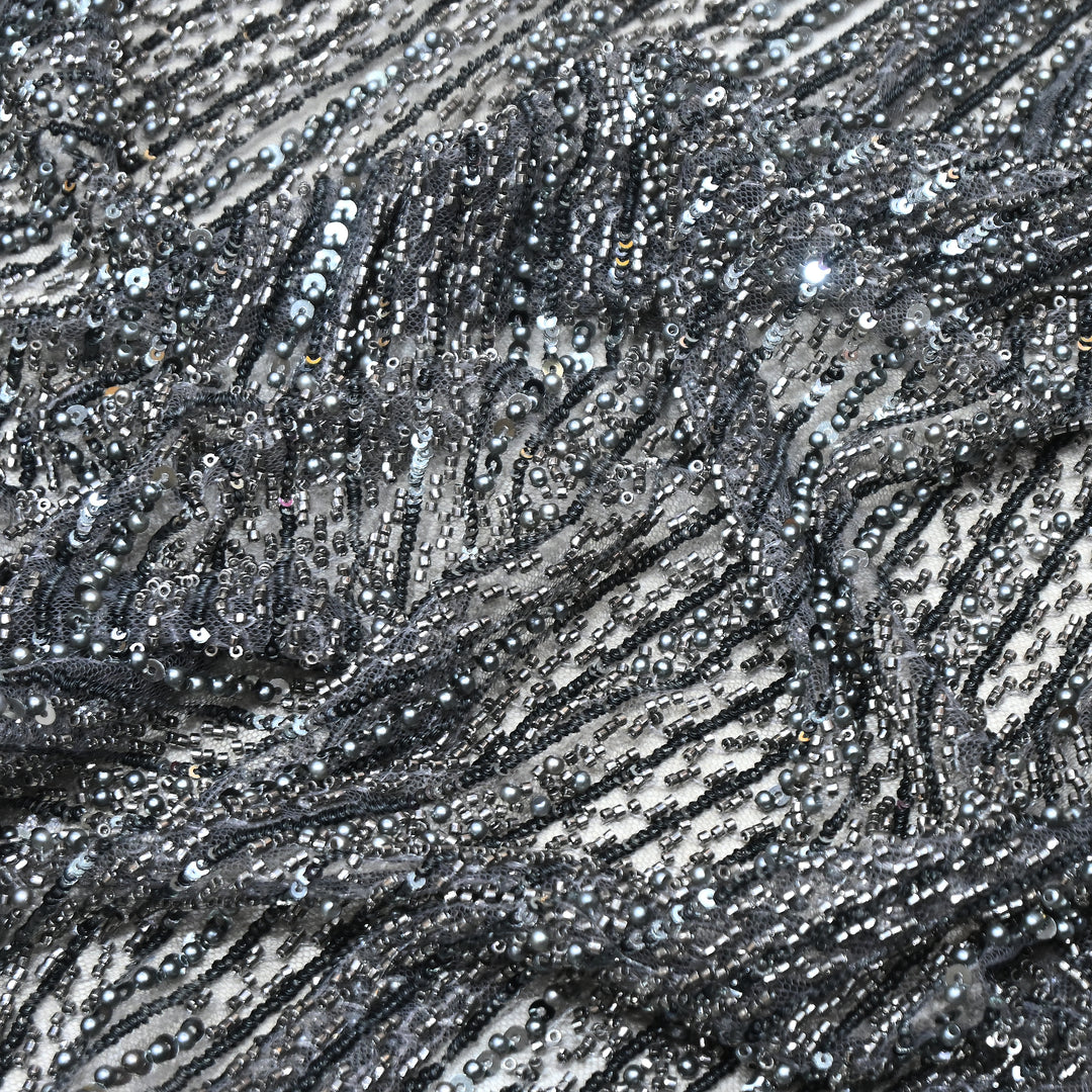 Gunmetal Grey Color Imported Imported Heavy Beaded Embroidery Net Fabric- MBL668-3
