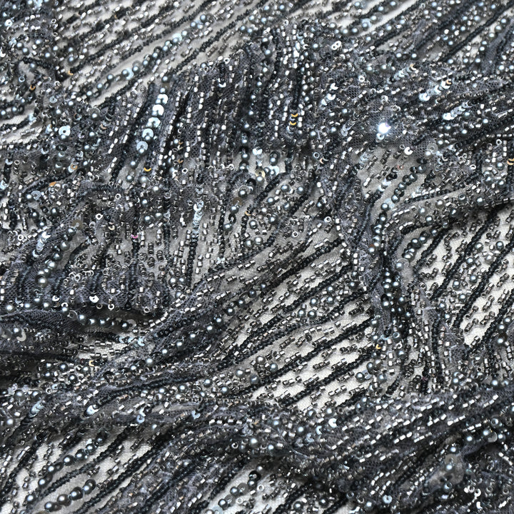Gunmetal Grey Color Imported Imported Heavy Beaded Embroidery Net Fabric- MBL668-3