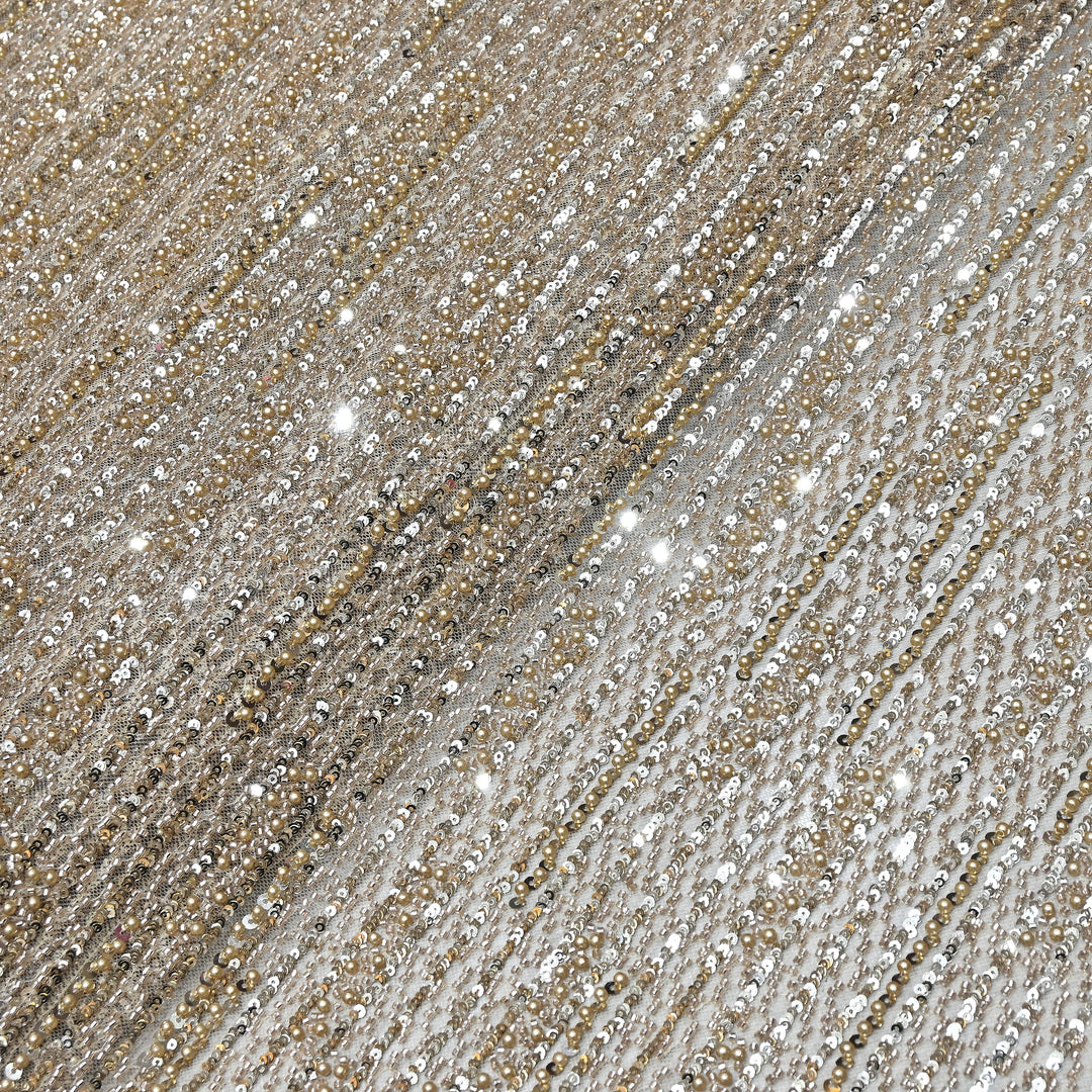 Champagne Gold Color Imported Imported Heavy Beaded Embroidery Net Fabric- MBL668-4