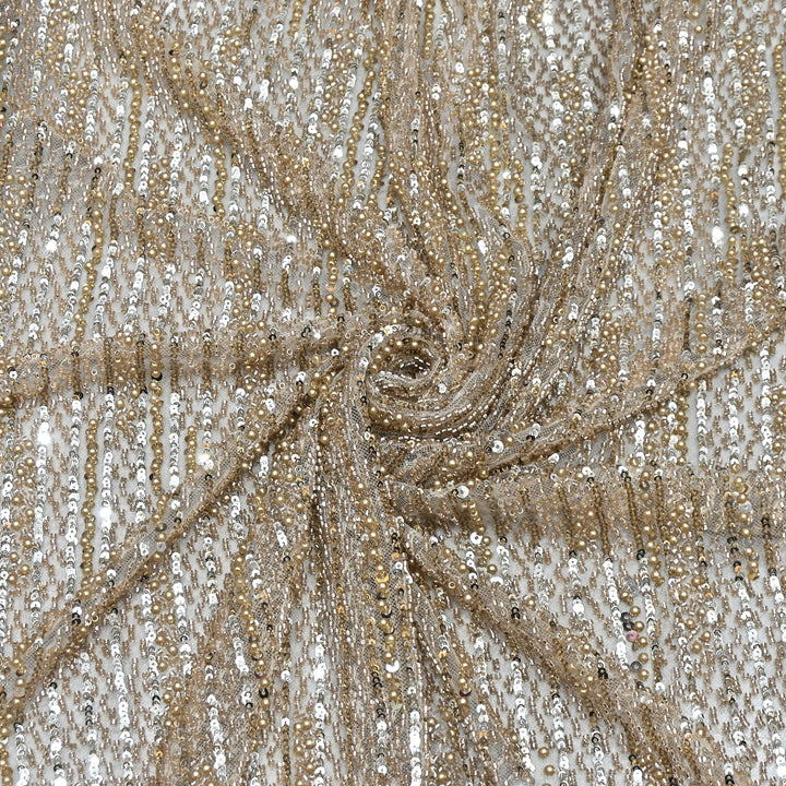 Champagne Gold Color Imported Imported Heavy Beaded Embroidery Net Fabric- MBL668-4