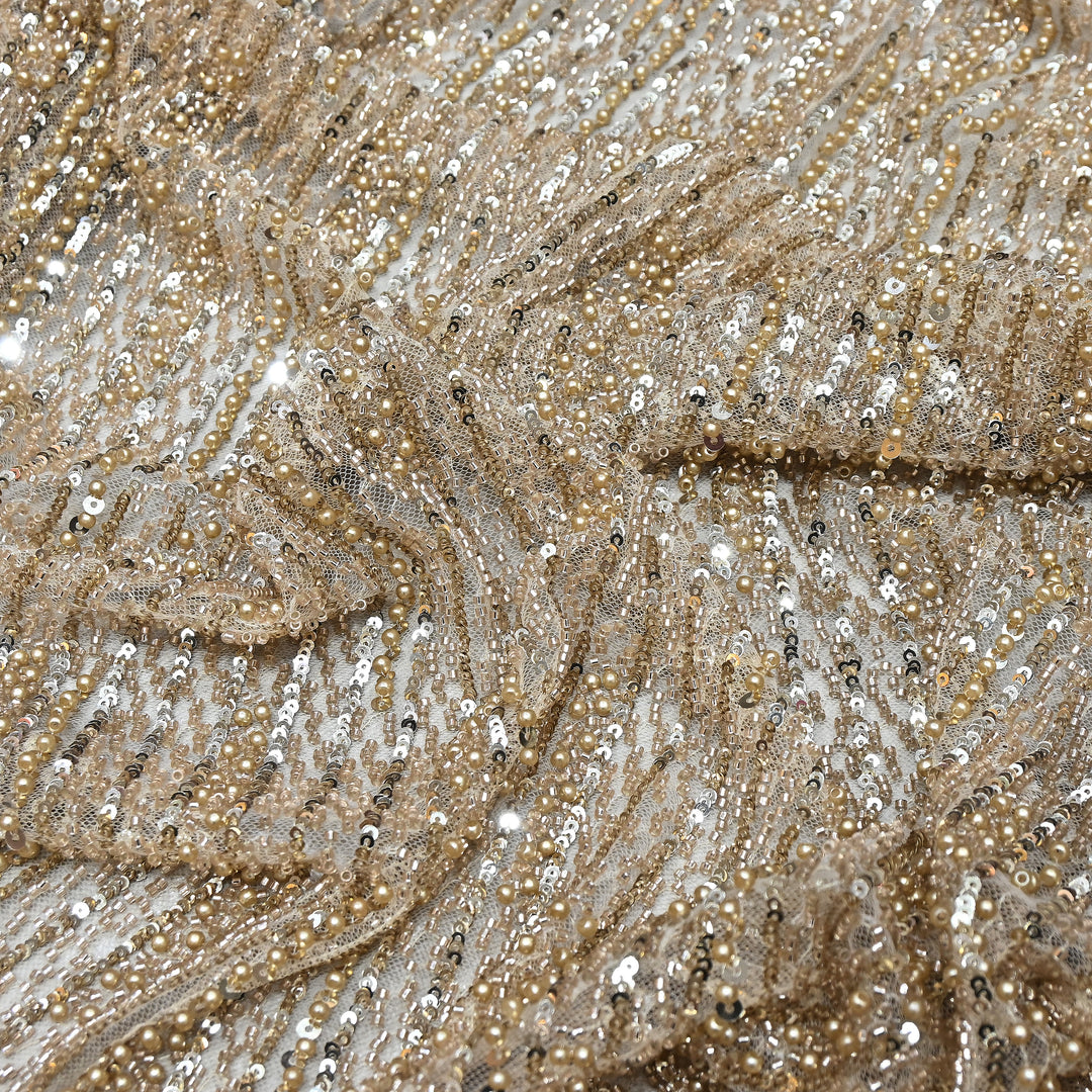 Champagne Gold Color Imported Imported Heavy Beaded Embroidery Net Fabric- MBL668-4