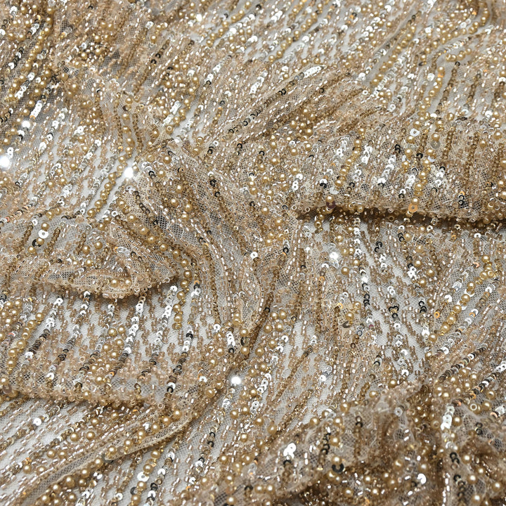 Champagne Gold Color Imported Imported Heavy Beaded Embroidery Net Fabric- MBL668-4