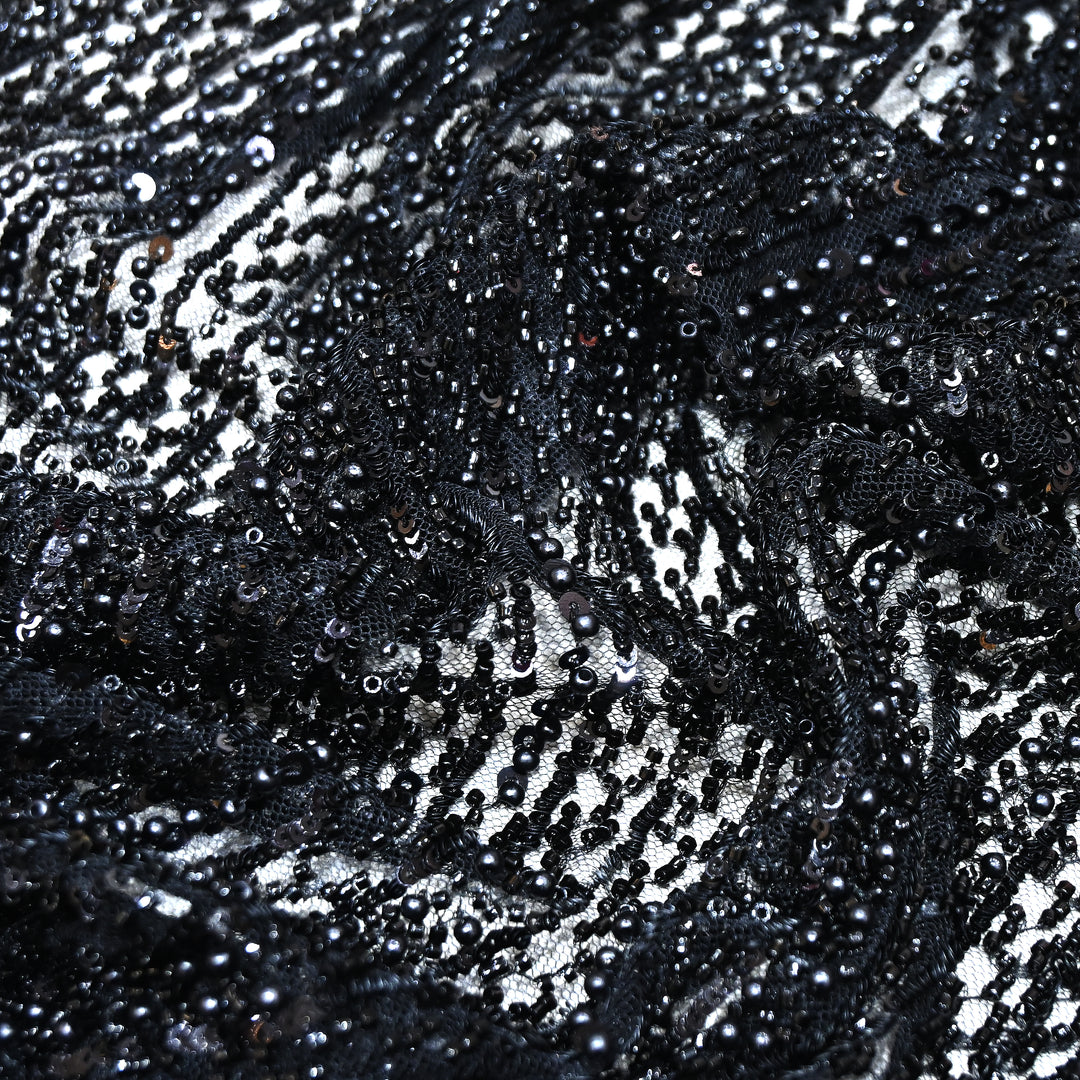 Black Color Imported Imported Heavy Beaded Embroidery Net Fabric- MBL668-5