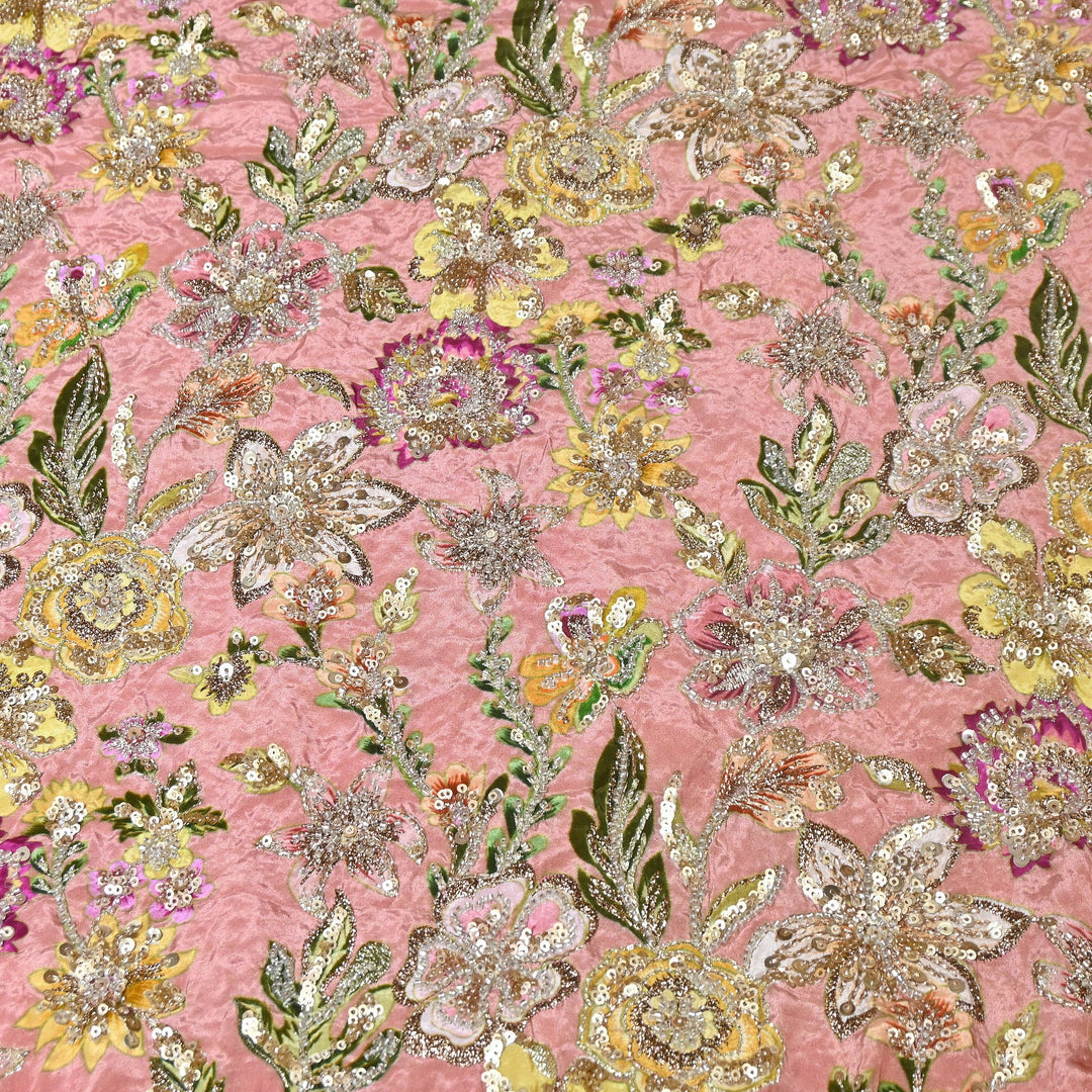 Multi Color Crape Position Print Fabric with Zari Sequins Embroidery- V12515C-01