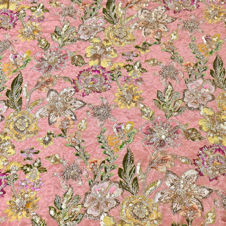 Multi Color Crape Position Print Fabric with Zari Sequins Embroidery- V12515C-01