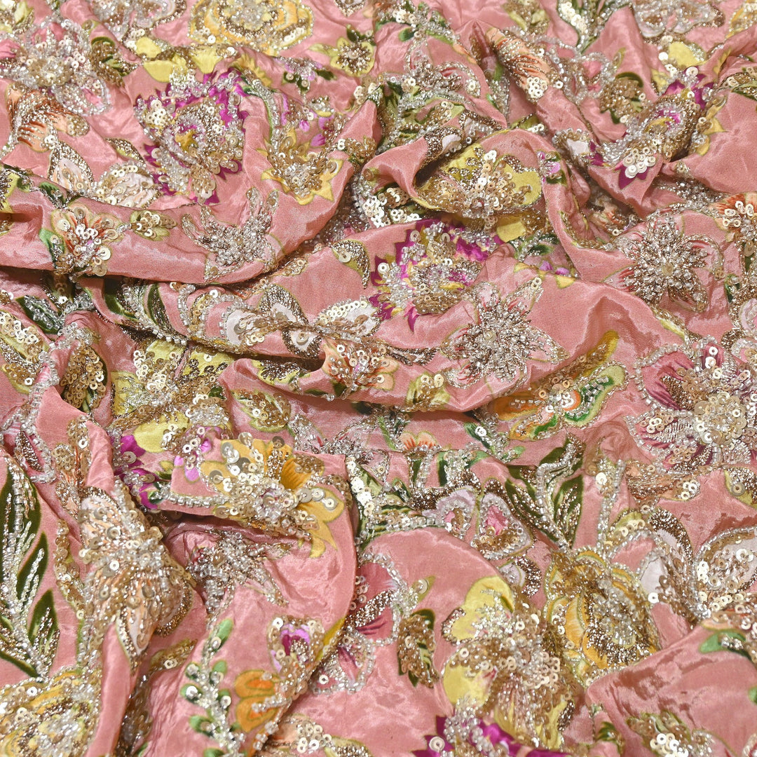 Multi Color Crape Position Print Fabric with Zari Sequins Embroidery- V12515C-01