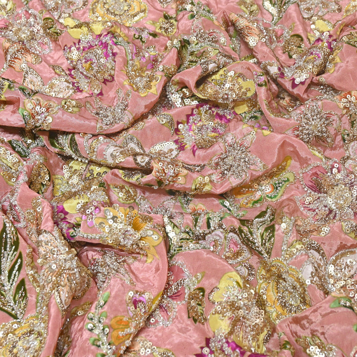 Multi Color Crape Position Print Fabric with Zari Sequins Embroidery- V12515C-01