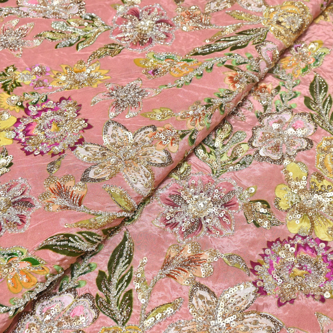 Multi Color Crape Position Print Fabric with Zari Sequins Embroidery- V12515C-01