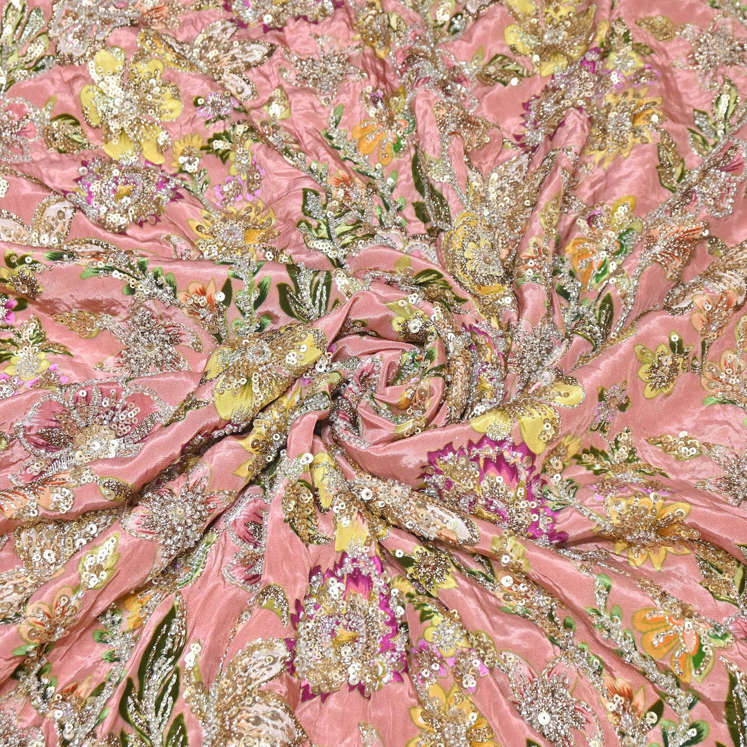 Multi Color Crape Position Print Fabric with Zari Sequins Embroidery- V12515C-01