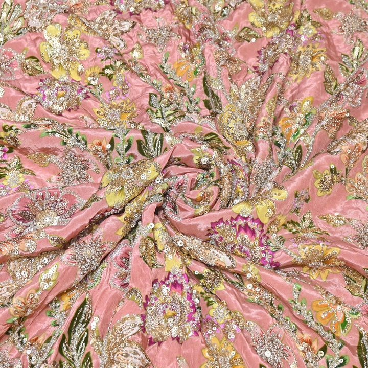 Multi Color Crape Position Print Fabric with Zari Sequins Embroidery- V12515C-01